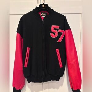Vintage Black and Red Leather Bomber w/ Patchwork Jacket - Made in Canada